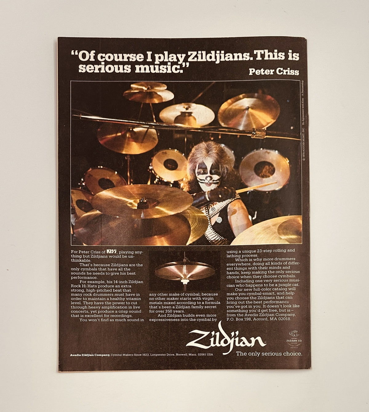 Advertisement for Zildjian cymbals featuring Peter Criss from KISS in Circus Magazine January 22, 1980, emphasizing serious music gear.