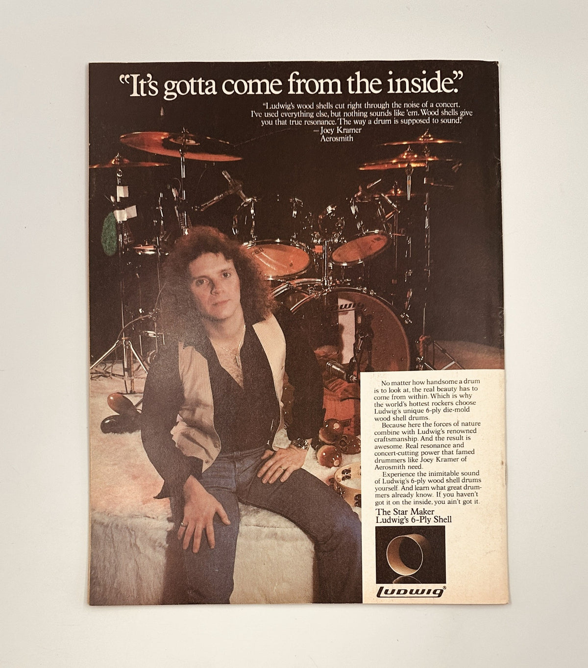 Magazine advertisement featuring a musician in front of a drum set with the tagline 'It's gotta come from the inside.' Related to 'Circus Magazine September 30, 1980 Queen Freddie Mercury Stones VG'.