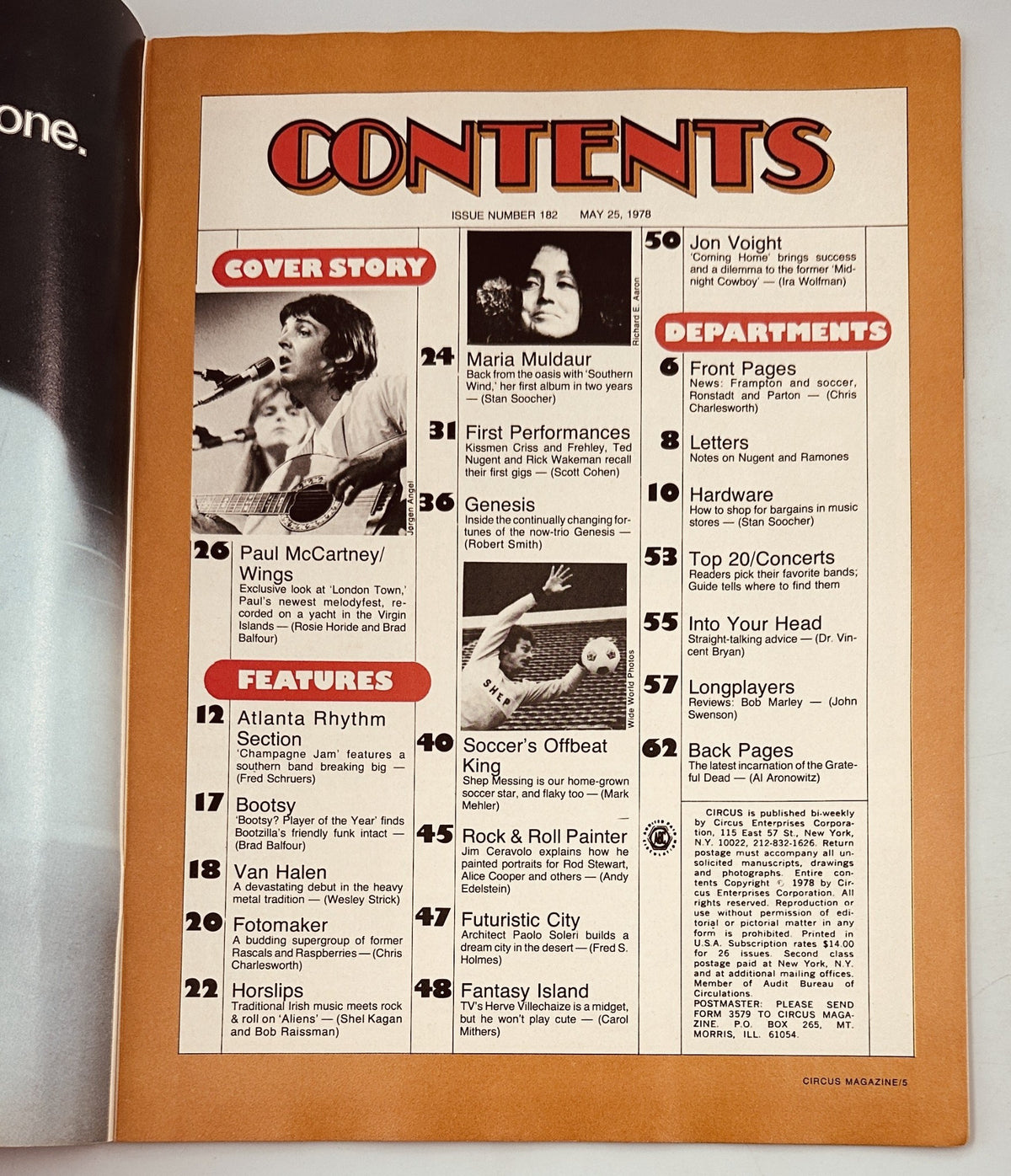Table of Contents from Circus Magazine, May 25, 1978 featuring Paul McCartney/Wings as the cover story, along with highlights on Van Halen, Genesis, and more.