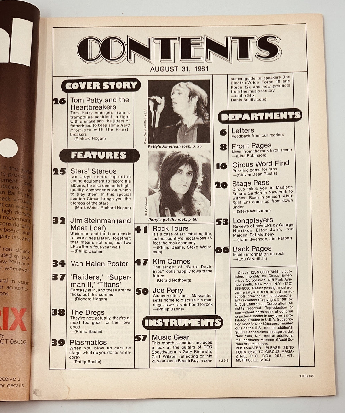 Contents page of Circus Magazine dated August 31, 1981, listing articles on Tom Petty, Rush, Van Halen, Meat Loaf, and more.