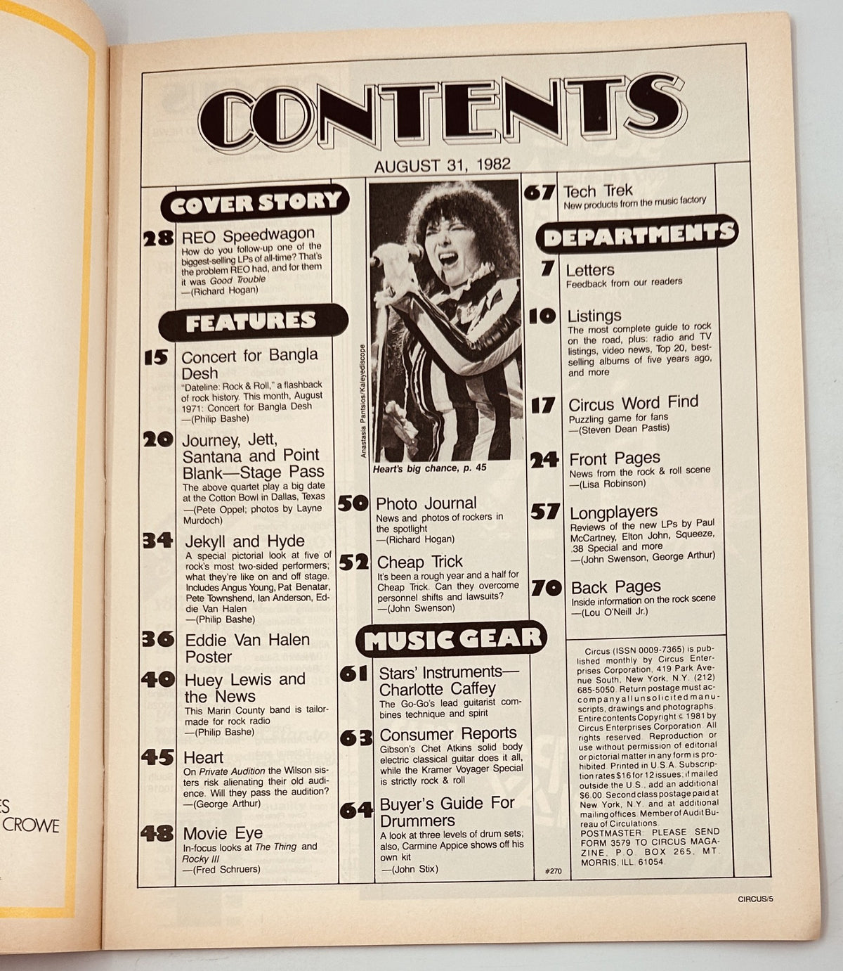Table of Contents from Circus Magazine, August 31, 1982, showcasing articles on REO Speedwagon, Eddie Van Halen, and more, with a detailed list of features.