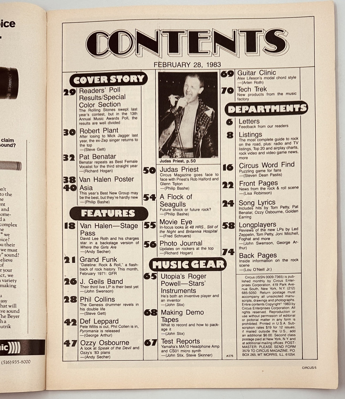 Table of Contents from Circus Magazine February 28, 1983 featuring Van Halen, Robert Plant, and Pat Benatar articles.