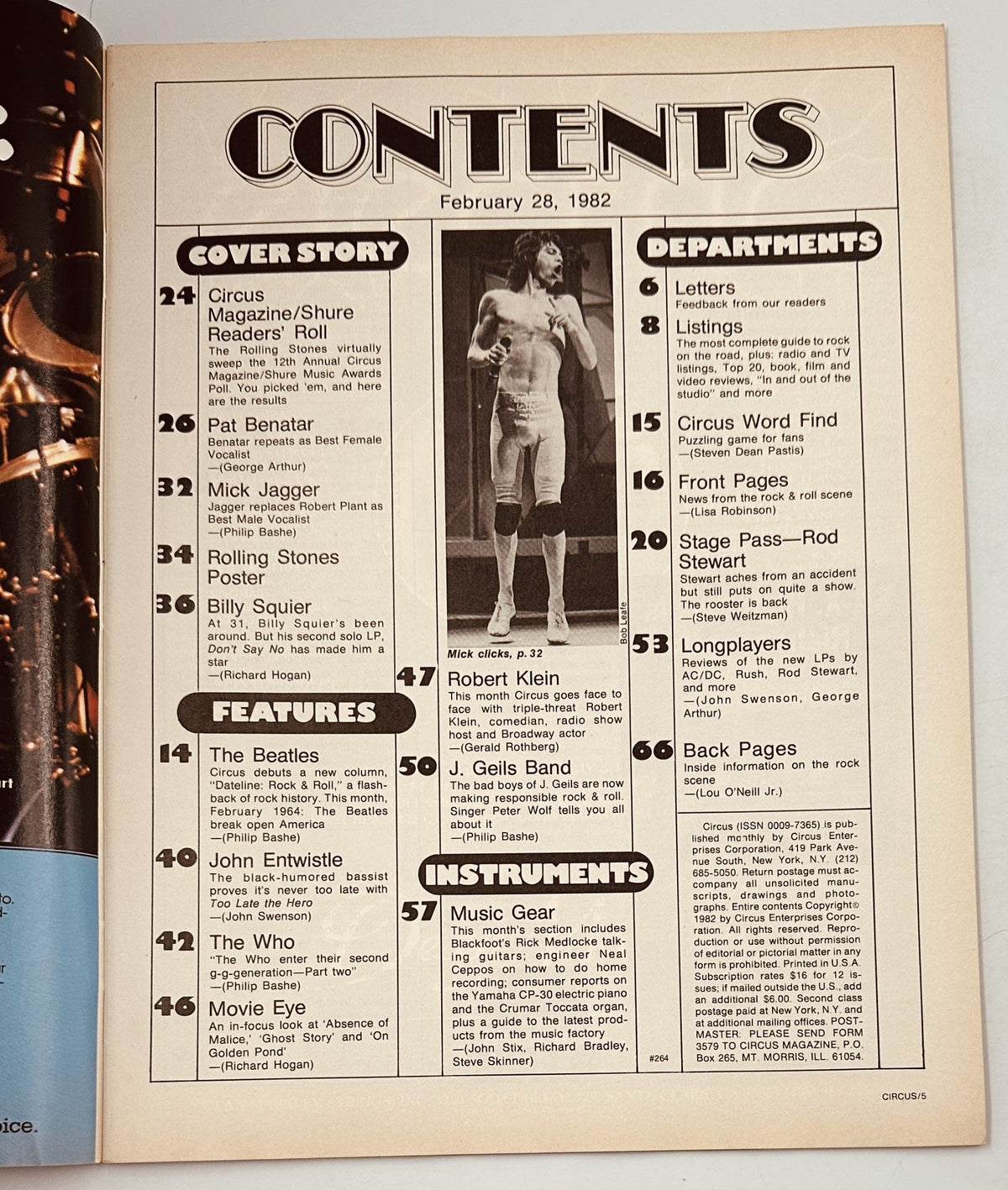 Table of Contents of Circus Magazine February 28, 1982, detailing articles on Pat Benatar, Mick Jagger, and more.