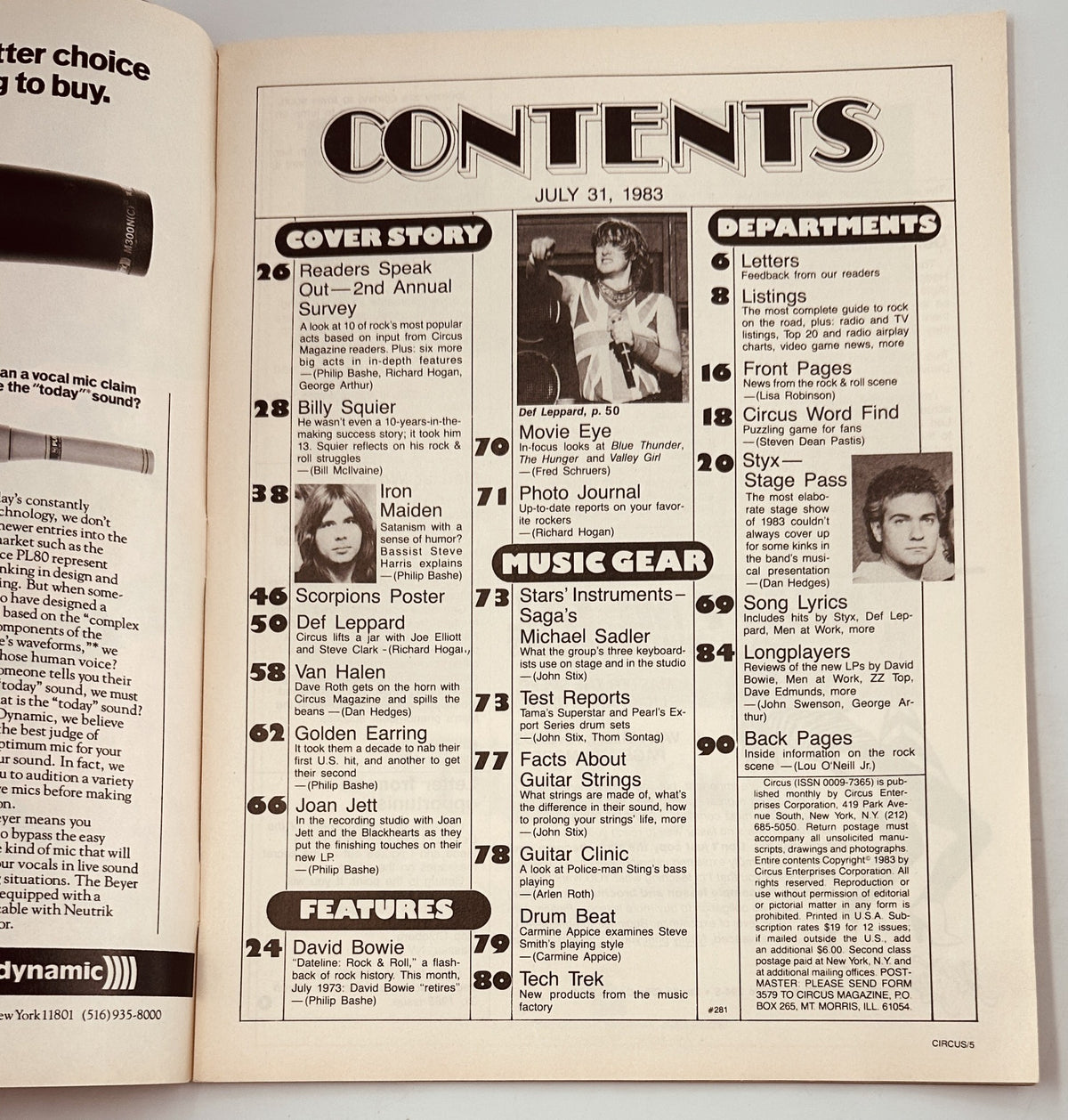 Table of Contents from Circus Magazine July 31, 1983, listing features including Def Leppard, Iron Maiden, and Scorpions.