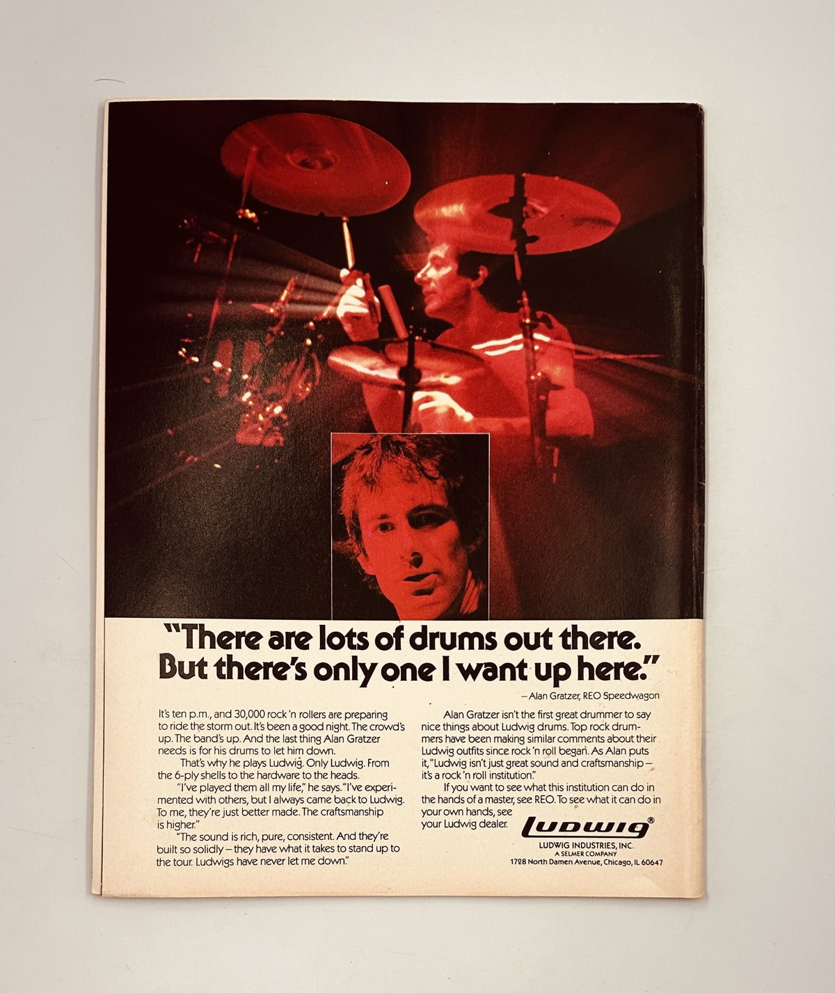Back cover of Circus Magazine July 31, 1983 featuring a Ludwig drum advertisement with a quote from Alan Green.
