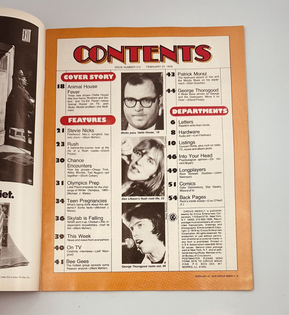 Contents page of Circus Weekly Magazine from February 27, 1979, detailing articles on Animal House Fever, Stevie Nicks, Rush, and more, along with department listings.