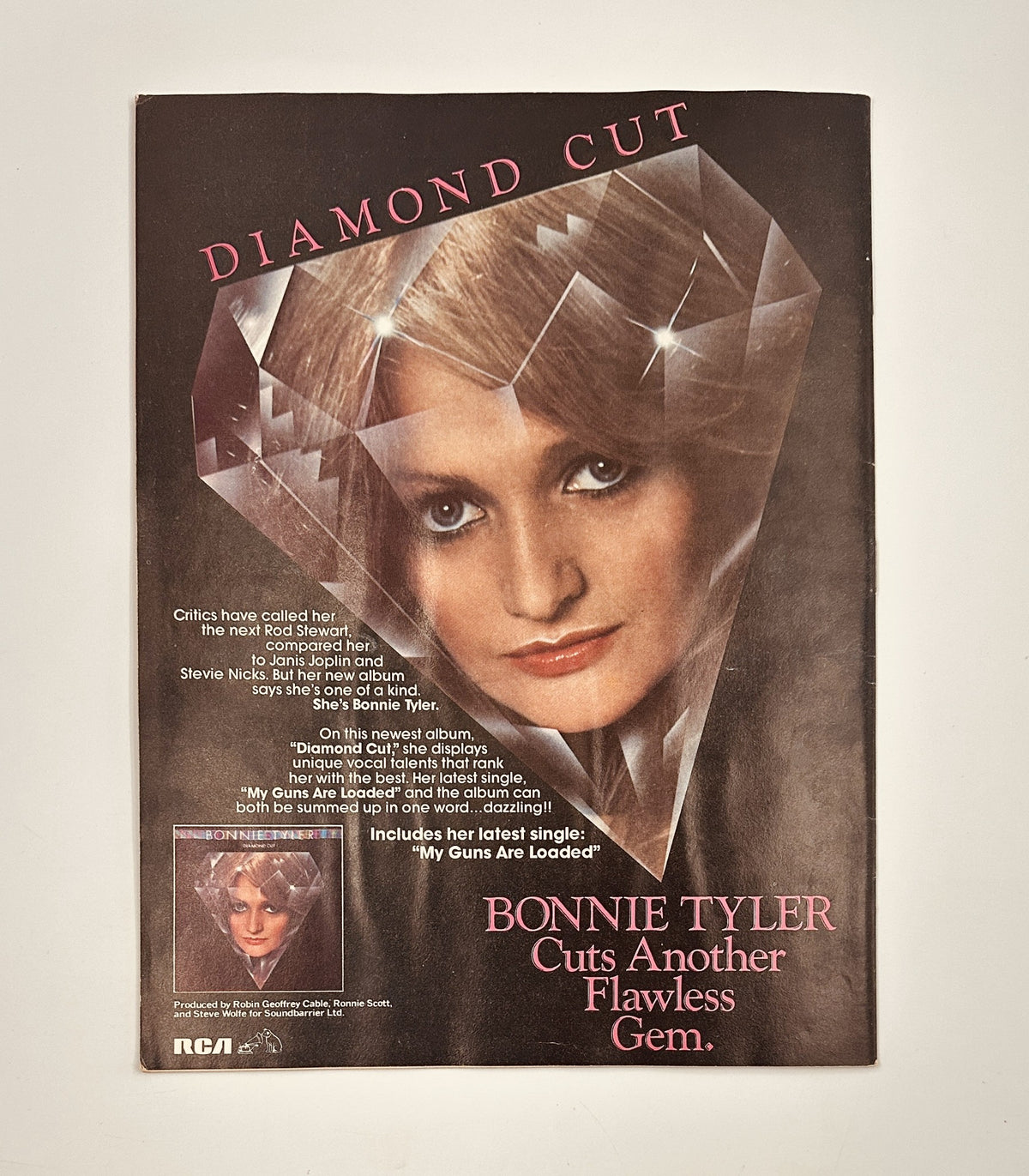 Advertisement for Bonnie Tyler in Circus Weekly Magazine, February 27, 1979, highlighting her single 'My Guns Are Loaded' with a striking visual of her in a diamond cut design.
