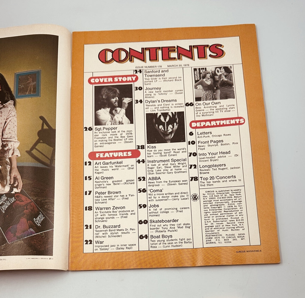 Contents page from Circus Magazine March 30, 1978 featuring articles on Sgt. Pepper, ABBA, Journey, and more.