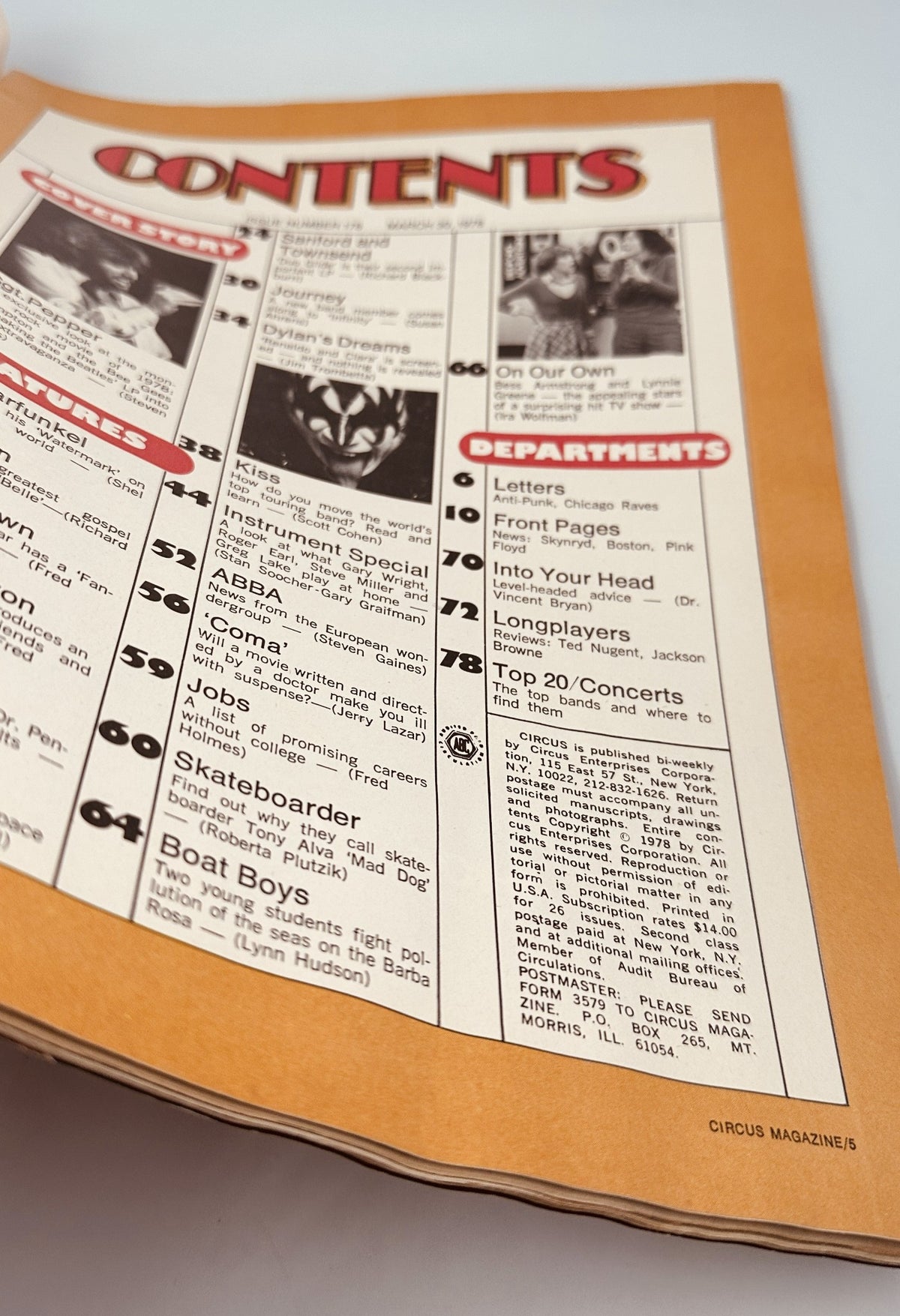 Continuation of the contents page from Circus Magazine March 30, 1978 highlighting features and departments including ABBA and Skateboarder.