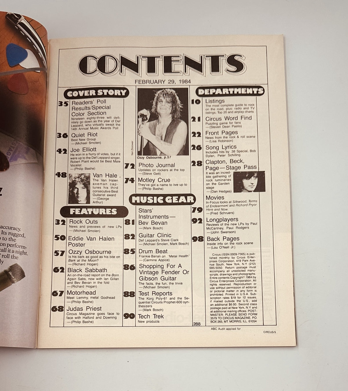Contents page of Circus Magazine from February 29, 1984, listing features on Def Leppard, Van Halen, Ozzy Osbourne, and Mötley Crüe, along with music gear and departments.