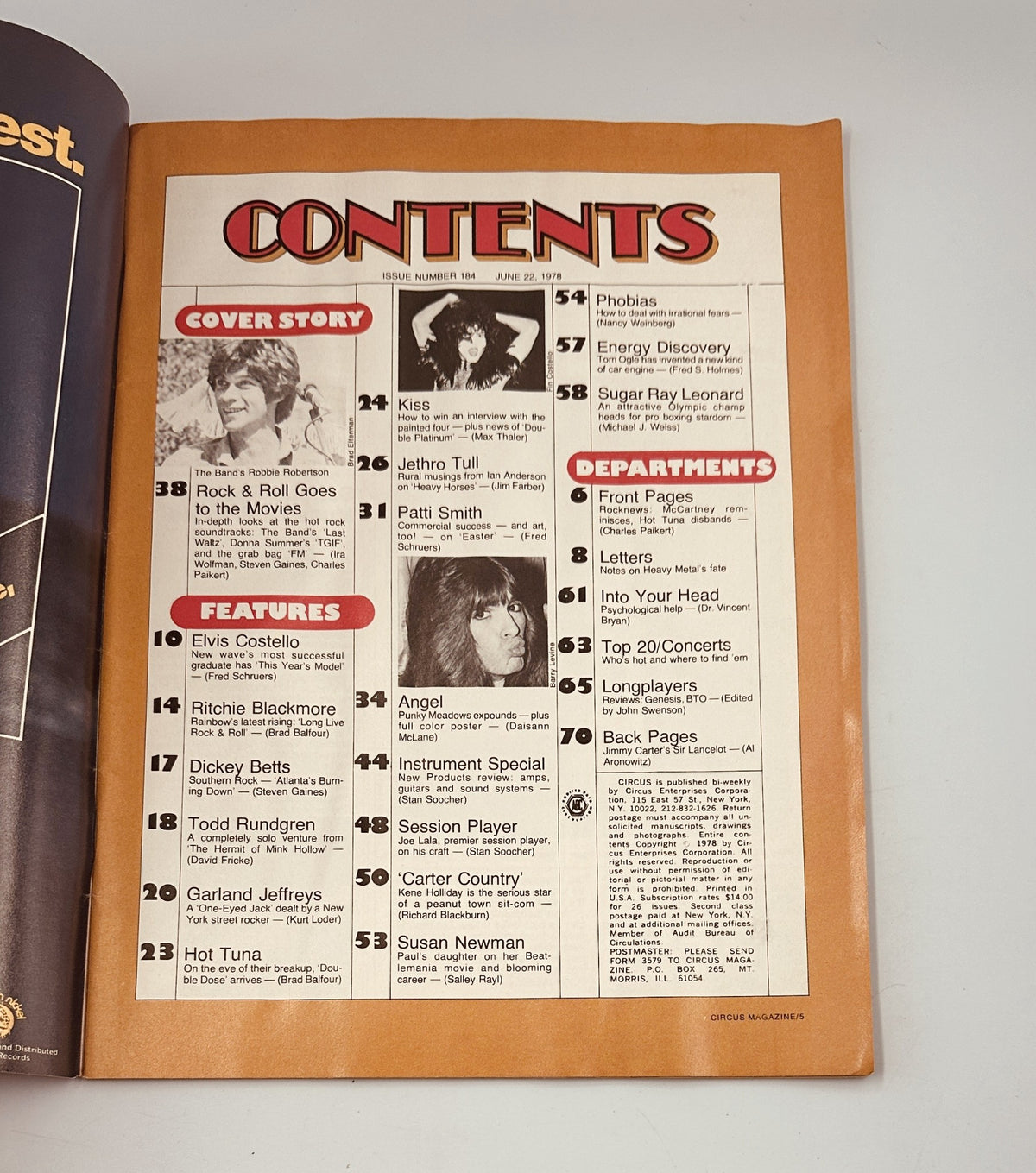 Table of Contents page from Circus Magazine June 22, 1978, detailing features on Elvis Costello, Ritchie Blackmore, and other articles. This page outlines the magazine's content including rock music news and artist profiles.