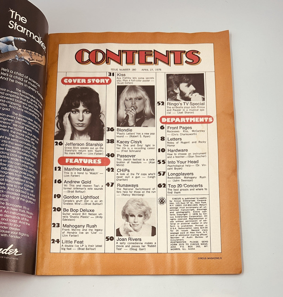 Table of Contents from Circus Magazine, April 27, 1978, detailing articles on Jefferson Starship, Blondie, Kiss, and other notable features.