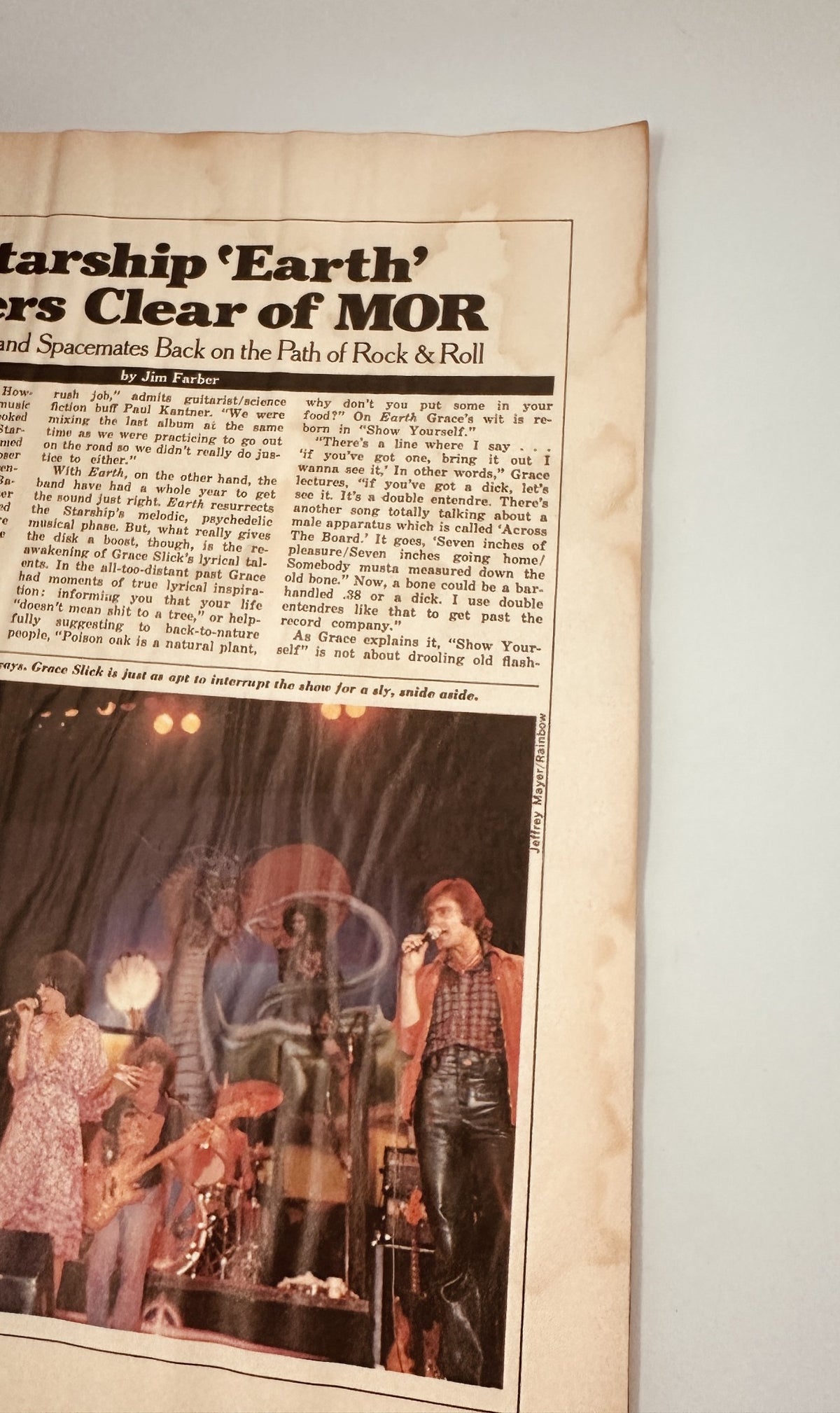 Old magazine article featuring Jefferson Starship with Grace Slick discussing their return with 'Earth'; part of the Circus Magazine April 27, 1978 issue.