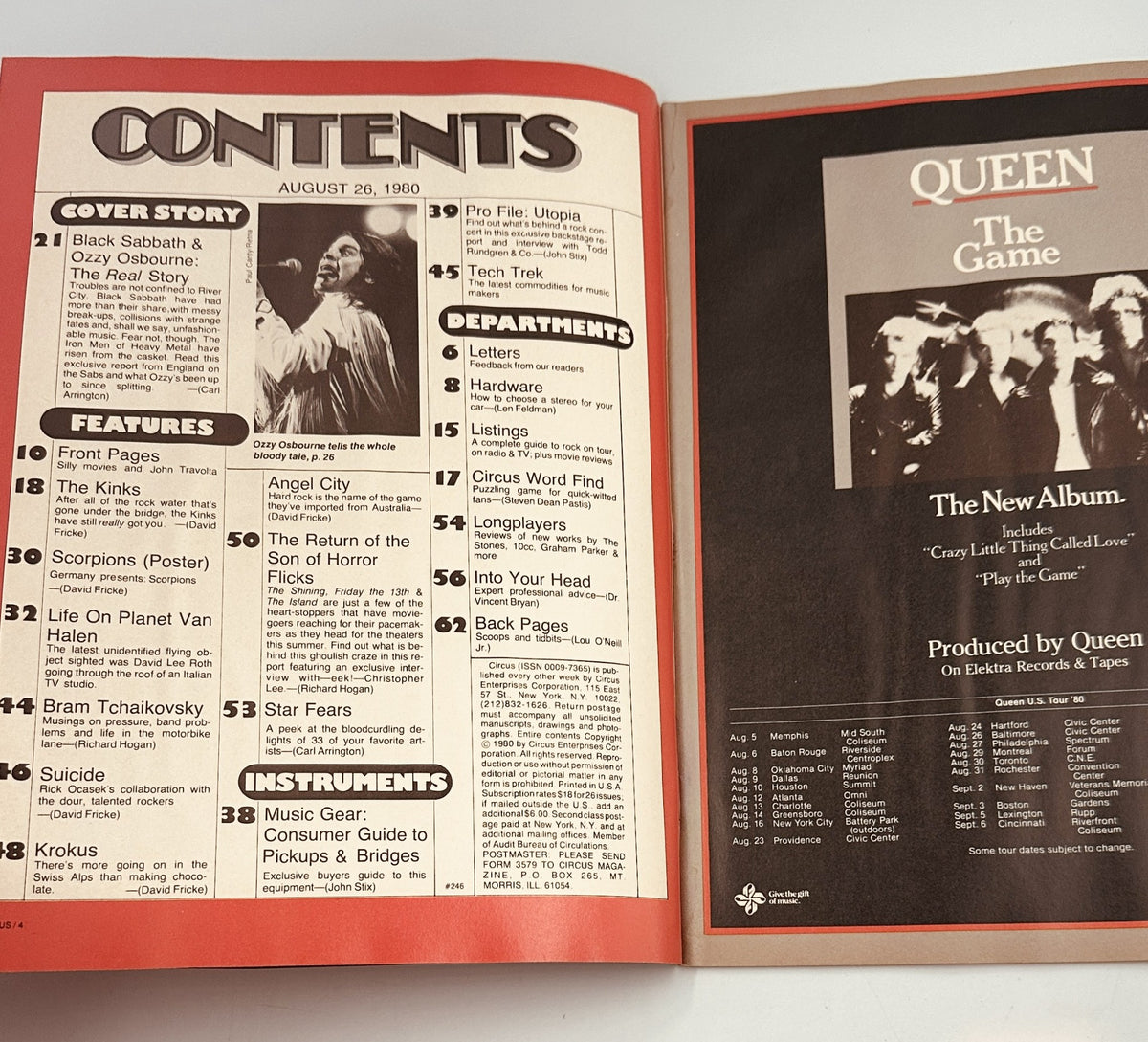 Table of Contents from Circus Magazine, August 26, 1980 featuring Black Sabbath, Ozzy Osbourne, and Van Halen.