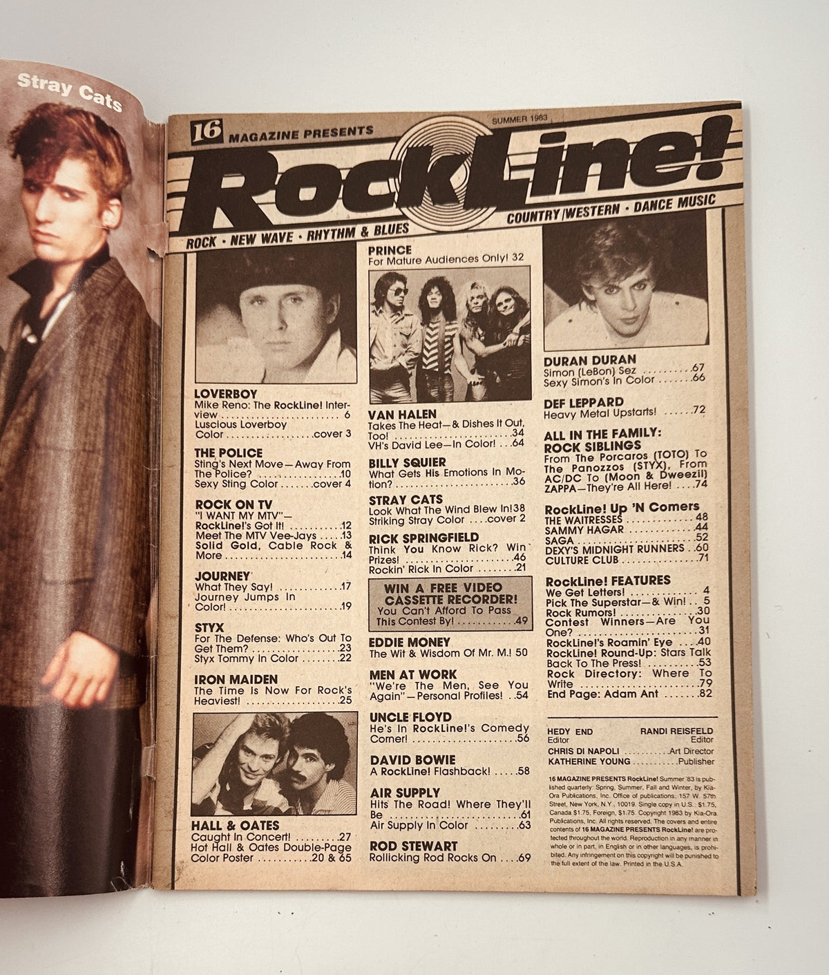 Inside of RockLine! Magazine Summer 1983 displaying articles about Loverboy, Van Halen, Hall & Oates, and Prince, including a complete Table of Contents.
