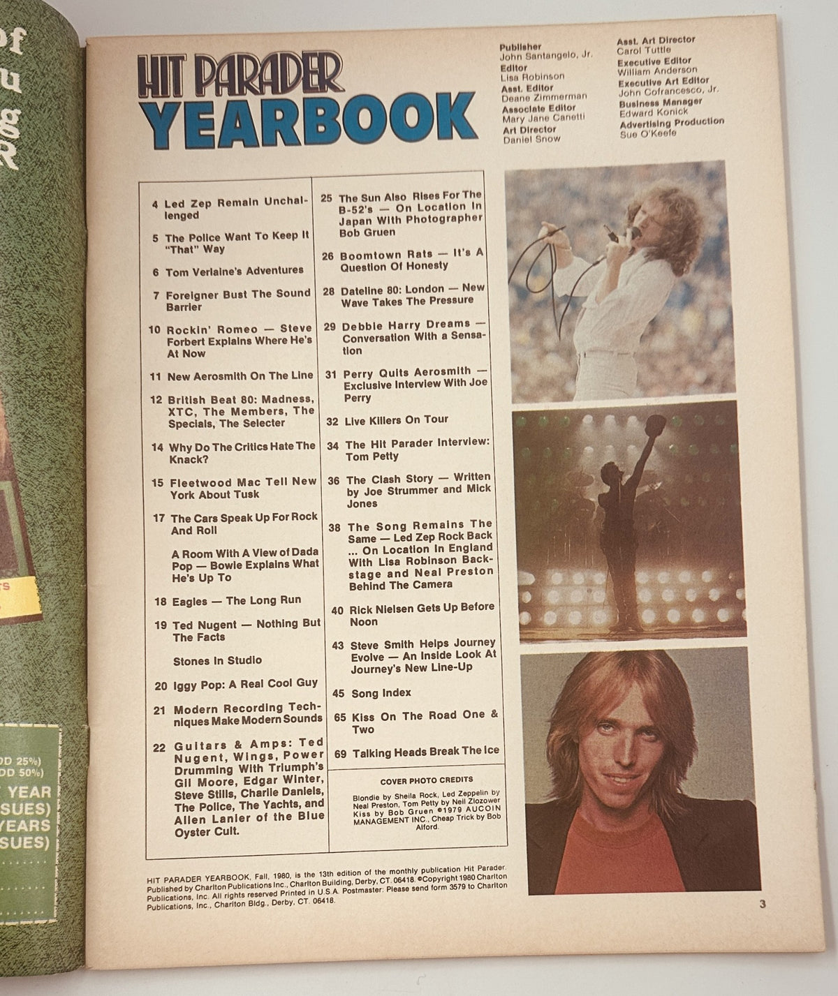Interior page of Hit Parader Yearbook 1980 displaying the Table of Contents, featuring articles about Led Zeppelin, The Police, and more alongside captivating images of rock legends.