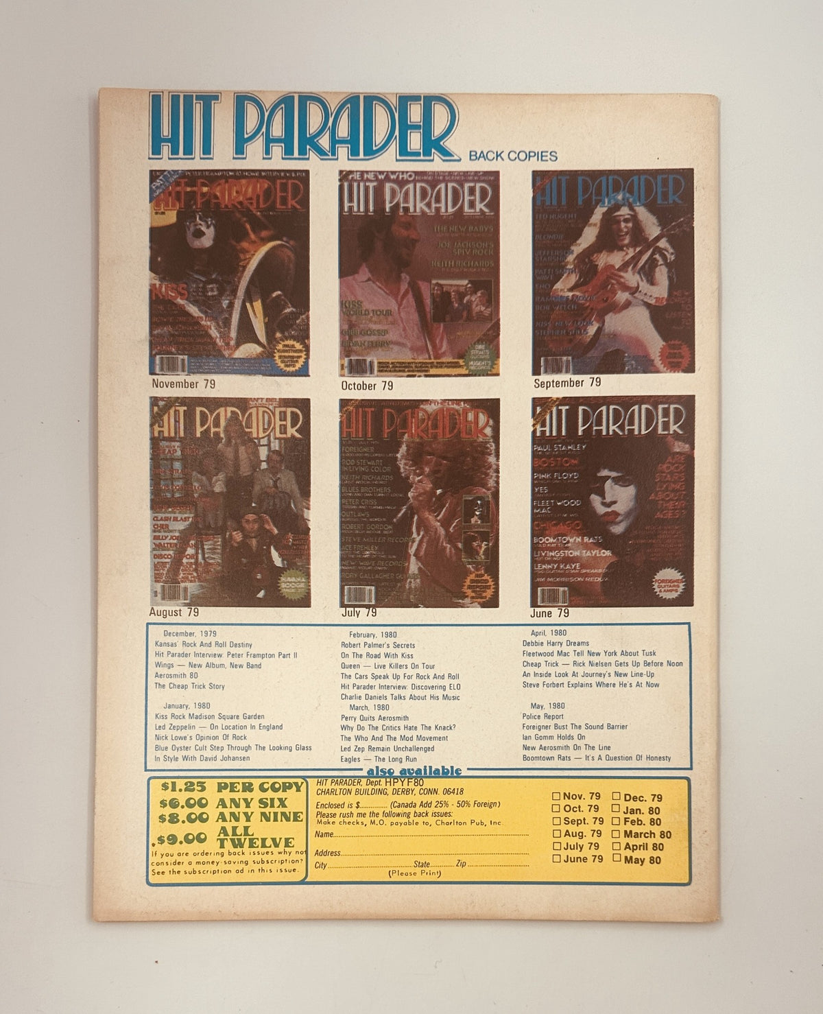 Back cover of Hit Parader Yearbook Magazine 1980 listing previous issues and prices, featuring a colorful array of magazine covers from the late '70s and early '80s.