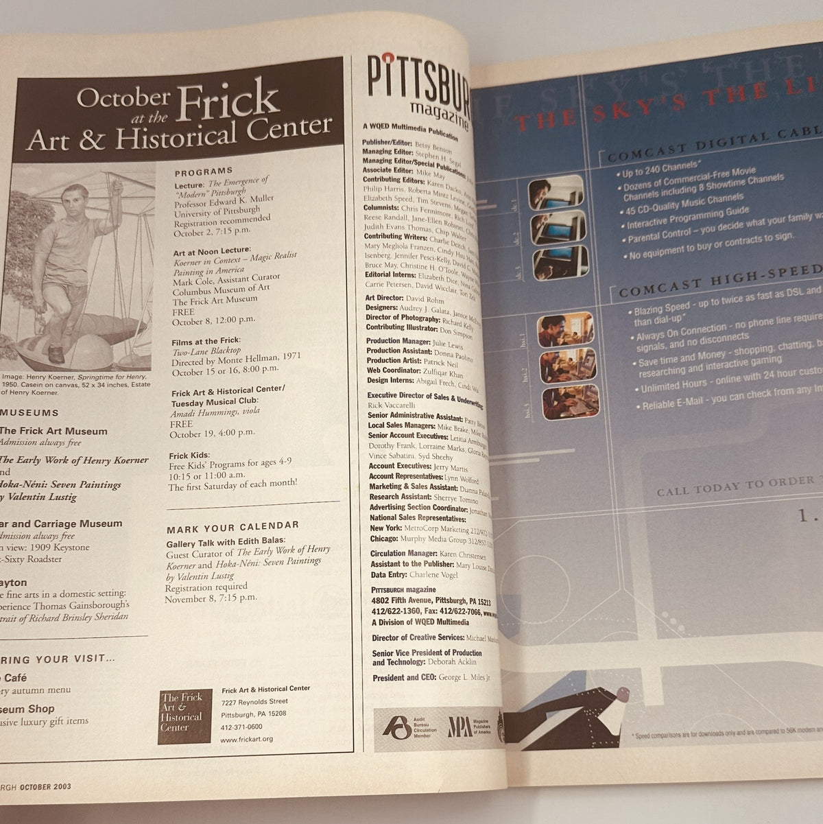 Interior page of Pittsburgh Magazine, October 2003, showcasing events at the Frick Art & Historical Center along with listings of programs and activities.