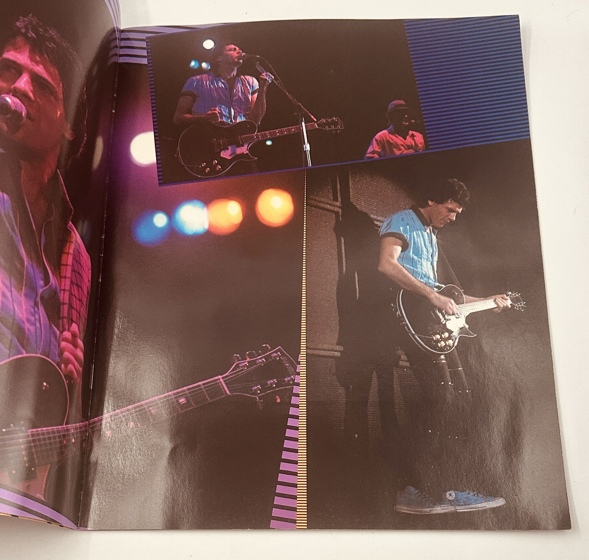 Collage of concert images of Rick Springfield during the 1982 Sweat For Success Tour, capturing various angles of his performance and stage presence.