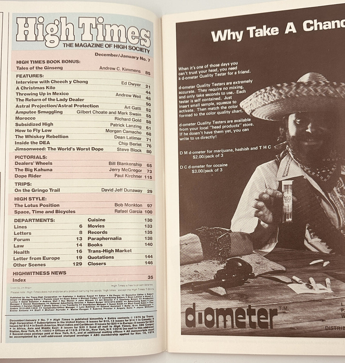 Inside spread of High Times Magazine December/January 1975 displaying the Table of Contents with features including an interview with Cheech and Chong, 'On the Gringo Trail', and 'World's Worst Dope'.