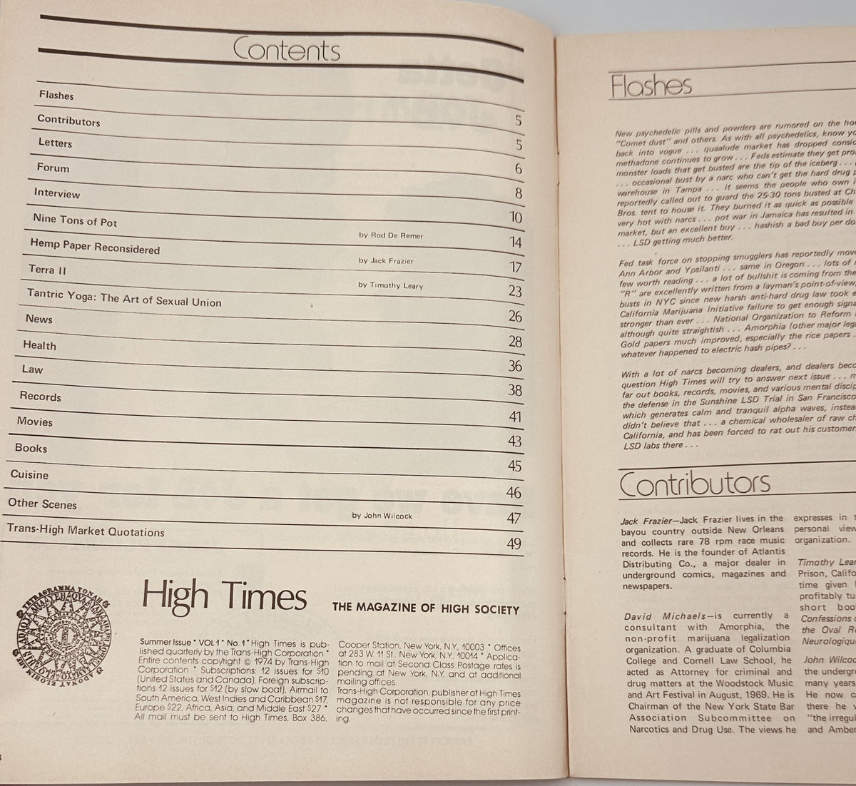 High Times Magazine 1974 Premiere Issue Collectors Edition Table of Contents page detailing articles on hemp paper, cannabis, and various cultural topics.