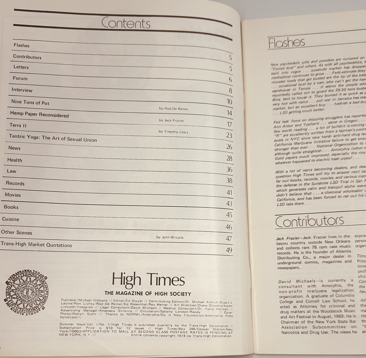Inside page of the High Times Magazine 1974 Premiere Issue showcasing the Table of Contents, listing various articles including 'Nine Tons of Pot' and 'Tantric Yoga: The Art of Sexual Union'.