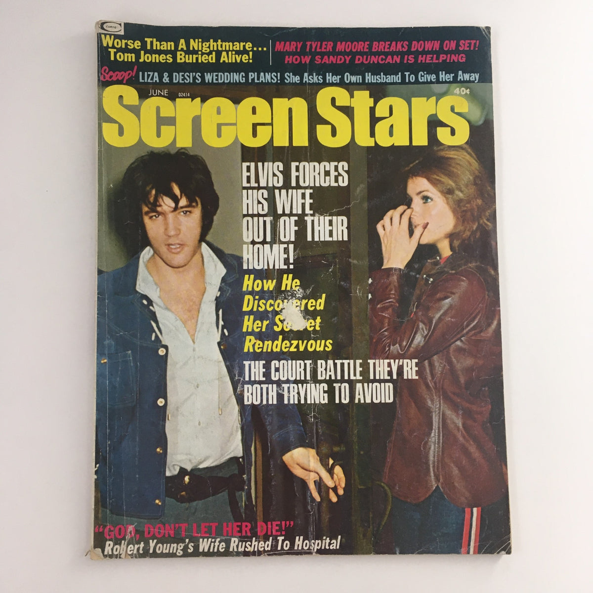 Cover of Screen Stars Magazine from June 1972 featuring Elvis Presley and Priscilla Presley. The magazine highlights their relationship with headlines about their personal life and celebrity culture of the 1970s.