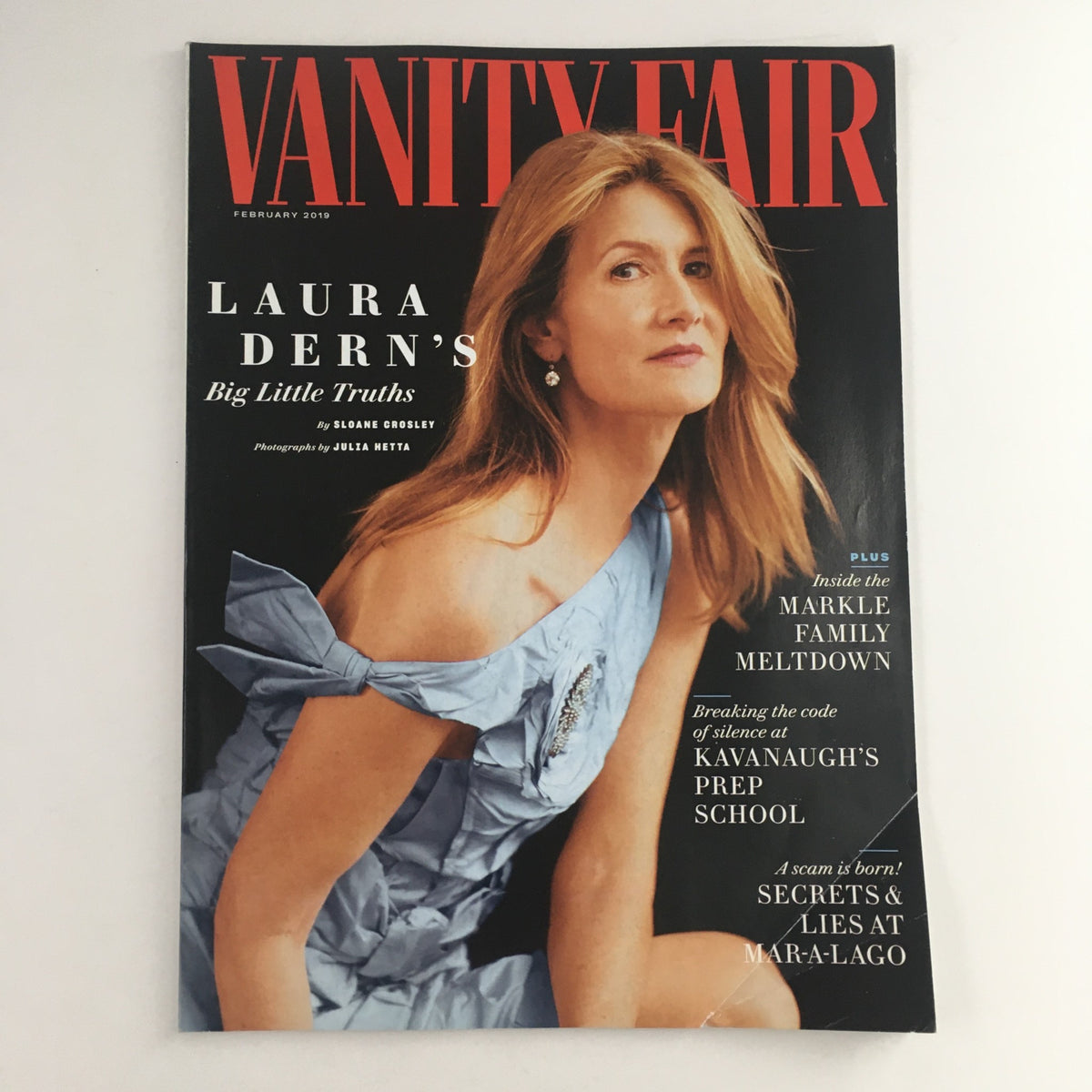 Cover of Vanity Fair Magazine February 2019 featuring Laura Dern, highlighting 'Big Little Truths'. The cover showcases Laura Dern with elegant styling, emphasizing her role in contemporary television narratives.
