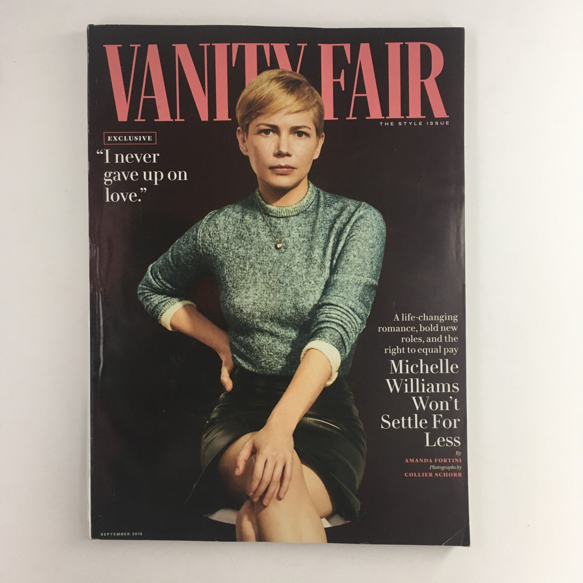 Cover of Vanity Fair Magazine, September 2018, featuring actress Michelle Williams with the title 'I never gave up on love'. The magazine highlights Michelle Williams' film roles and discusses her journey in Hollywood.