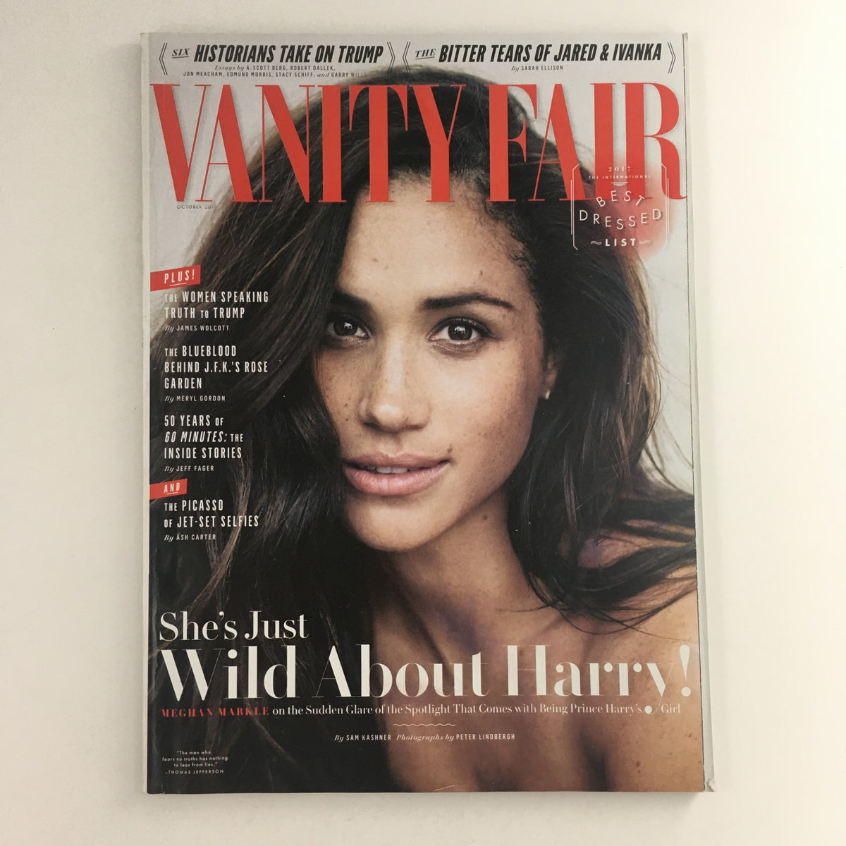 Vanity Fair Magazine October 2017 featuring Meghan Markle on the cover with the headline 'She's Just Wild About Harry.' This vintage issue captures a pivotal moment in Markle's life before her royal engagement.