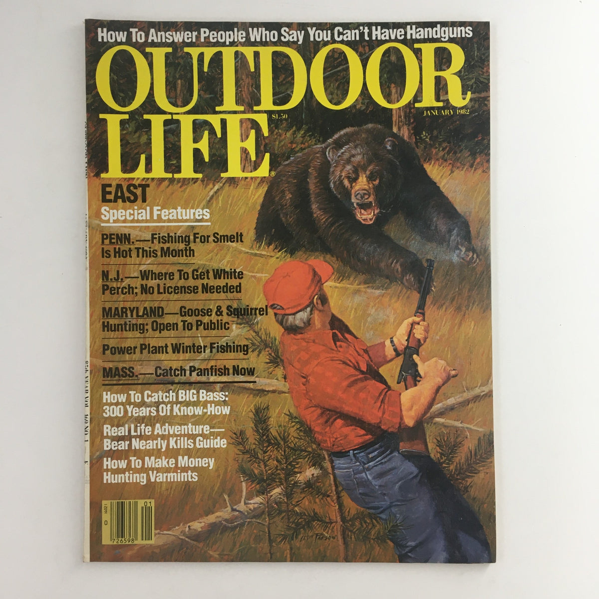 Cover of Outdoor Life Magazine January 1982 featuring articles on hunting varmint, fishing tips, and bear adventures, with an illustration of a hunter and a bear.
