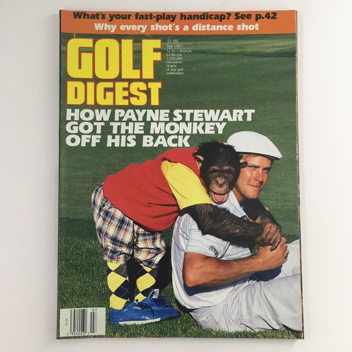 Cover of Golf Digest Magazine July 1987 featuring professional golfer Payne Stewart with a monkey, showcasing an iconic moment in golf history.
