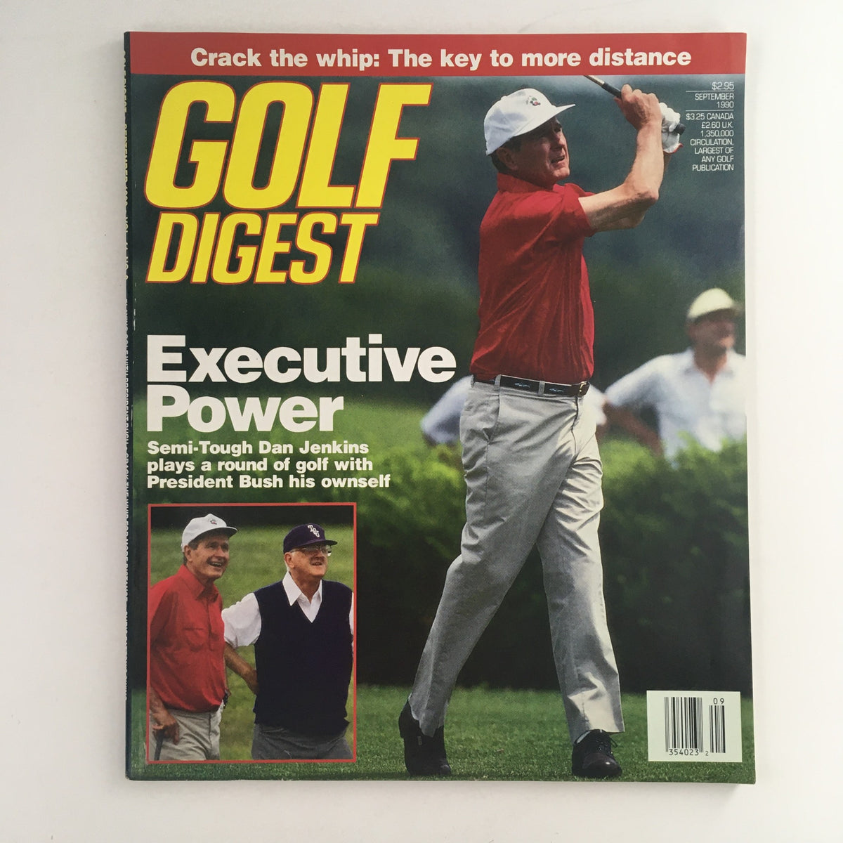 Golf Digest Magazine September 1990 featuring Dan Jenkins and George W. Bush on the cover. The magazine highlights 'Executive Power' with a photo of Bush golfing alongside Jenkins, capturing a moment from this collectible issue.