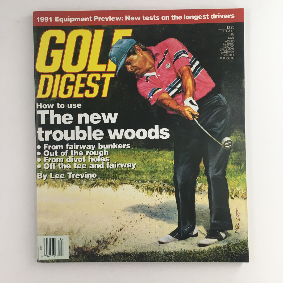 Cover of Golf Digest Magazine December 1990 featuring American golfer Lee Trevino, illustrating tips on using new trouble woods from various challenging positions on the golf course.