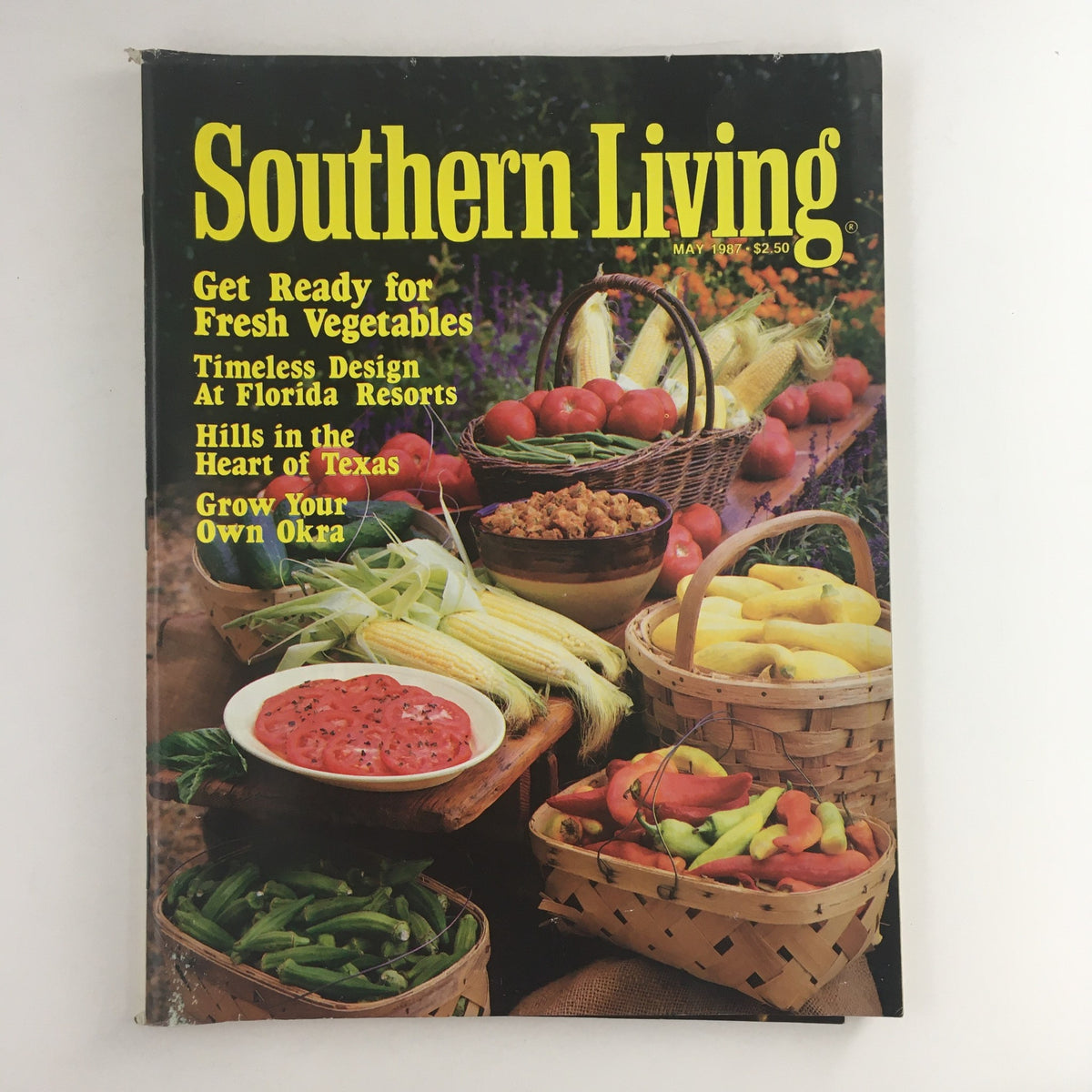 Southern Living Magazine May 1987 featuring Timeless Design at Florida Resorts with fresh vegetables and colorful baskets on the cover.