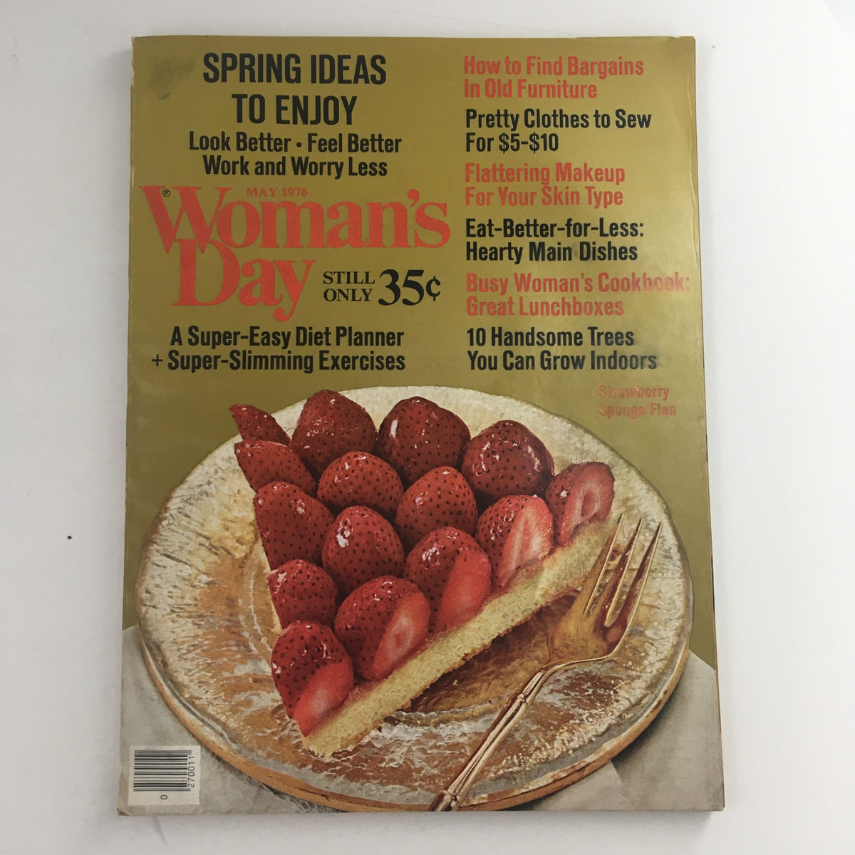 Cover of Woman's Day Magazine May 1976 featuring the 'Busy Woman's Cookbook: Great Lunchboxes' with a delicious strawberry dessert and promotions for various articles related to diet, beauty, and household tips.