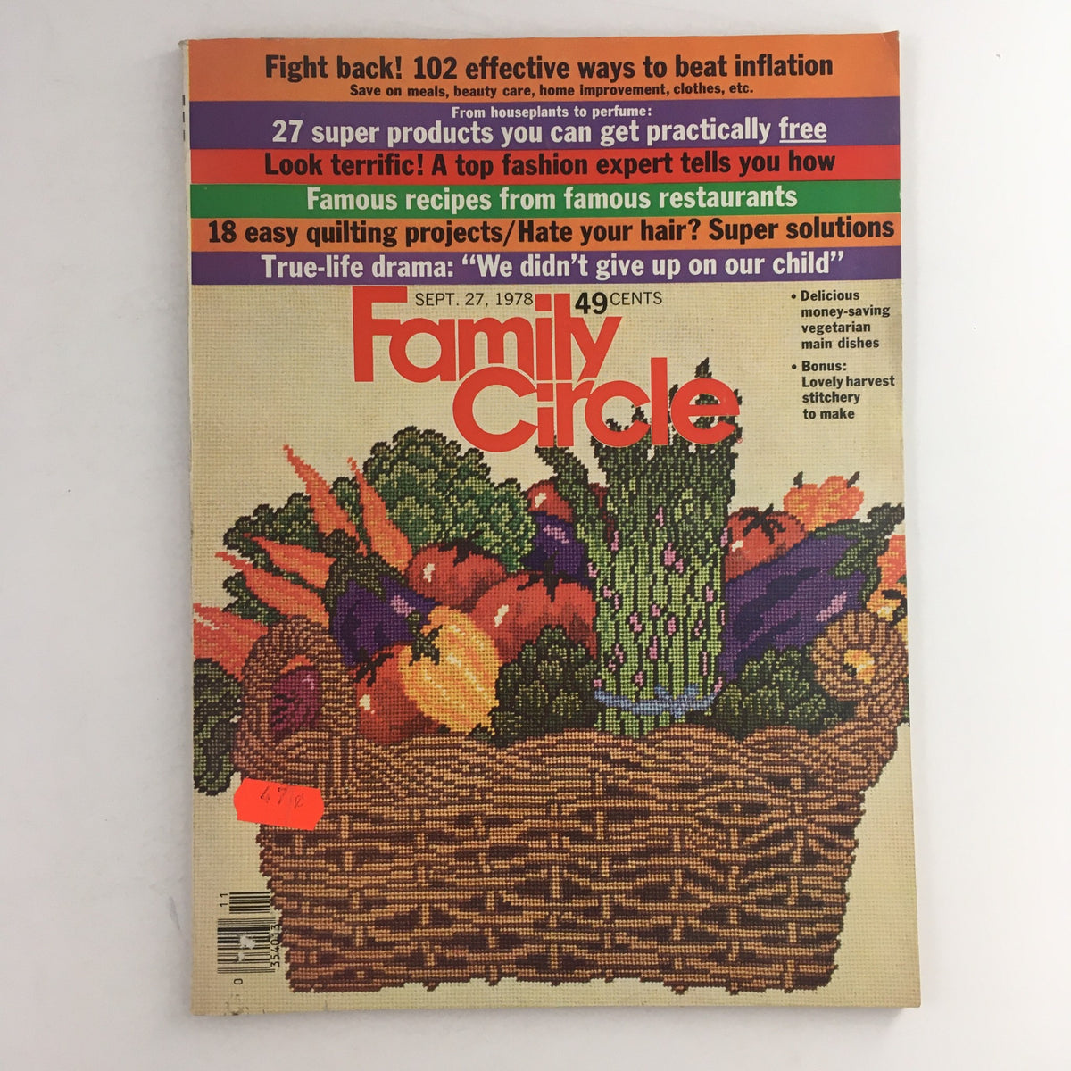 Cover of Family Circle magazine from September 27, 1978, featuring a colorful basket of vegetables, highlighting money-saving vegetarian main dishes, and marked at 49 cents.