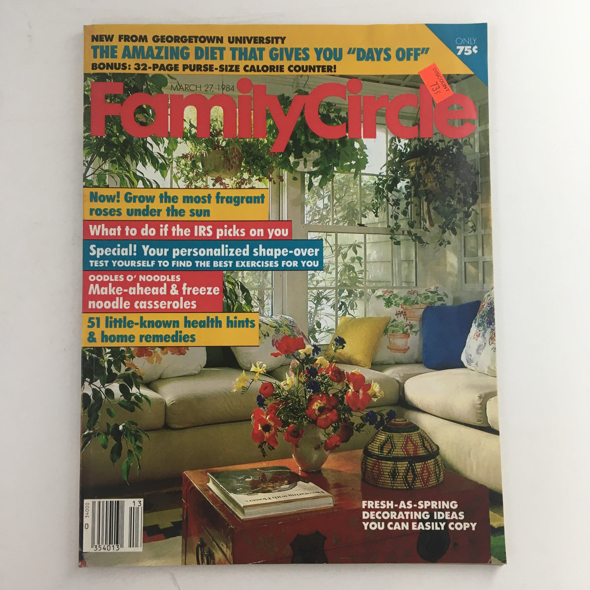 Cover of Family Circle Magazine, March 27, 1984, featuring vibrant spring decorating ideas, health tips, and lifestyle advice. The magazine showcases a sunny living room filled with plants, flowers, and a colorful couch, embodying 1980s home decor.