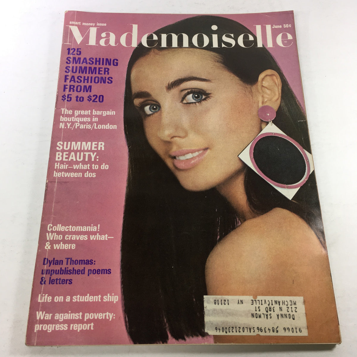 Cover of VTG Mademoiselle Magazine from June 1966 featuring a model with long dark hair wearing large earrings, showcasing summer fashion trends. The magazine emphasizes Summer Beauty and features contents about Dylan Thomas and cultural topics.