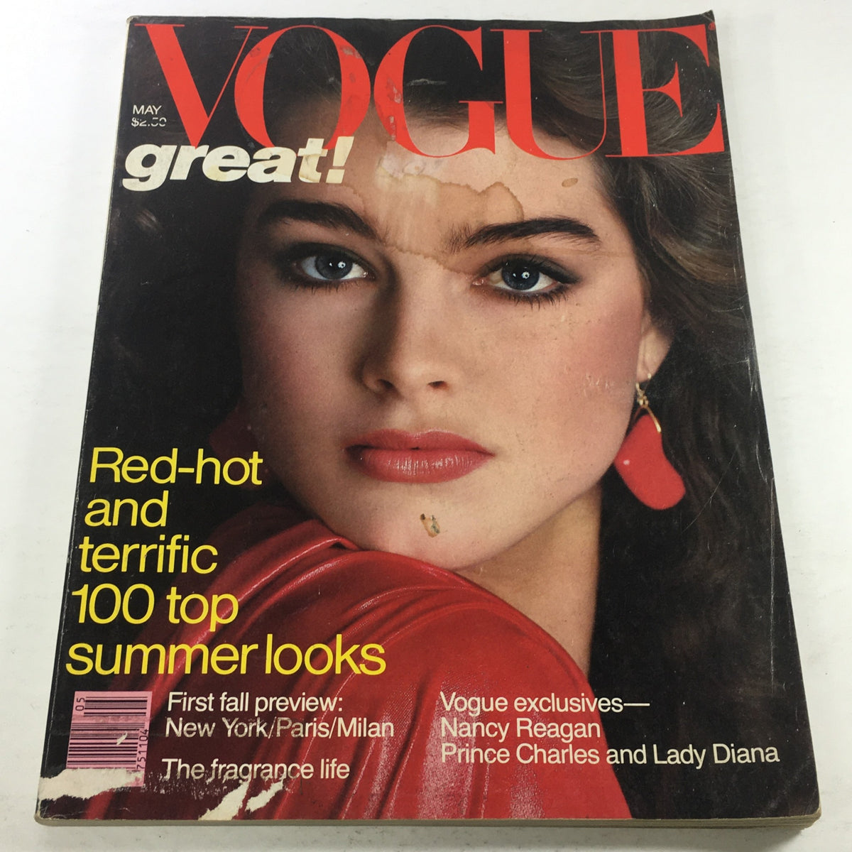Vintage Vogue Magazine May 1981 featuring Brooke Shields on the cover with a captivating pose and bold fashion elements.