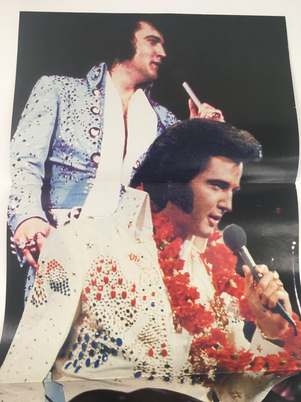 Starlog Movie Series Presents 2000 Elvis Presley Includes Poster Inside, VG - A vibrant poster featuring Elvis Presley in two iconic performances, showcasing his dynamic presence with stylish costumes and microphone in hand.