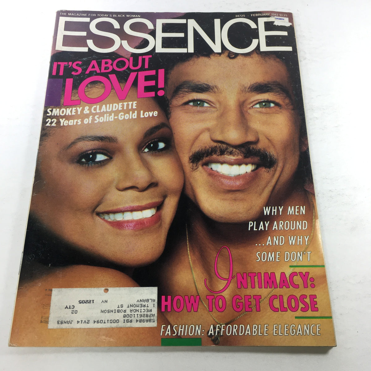Essence Magazine February 1982 featuring Smokey and Claudette Robinson on the cover, celebrating love and relationships with the headline 'It's About Love!' This vintage magazine captures a significant cultural moment, ideal for collectors of Black history and magazine enthusiasts.
