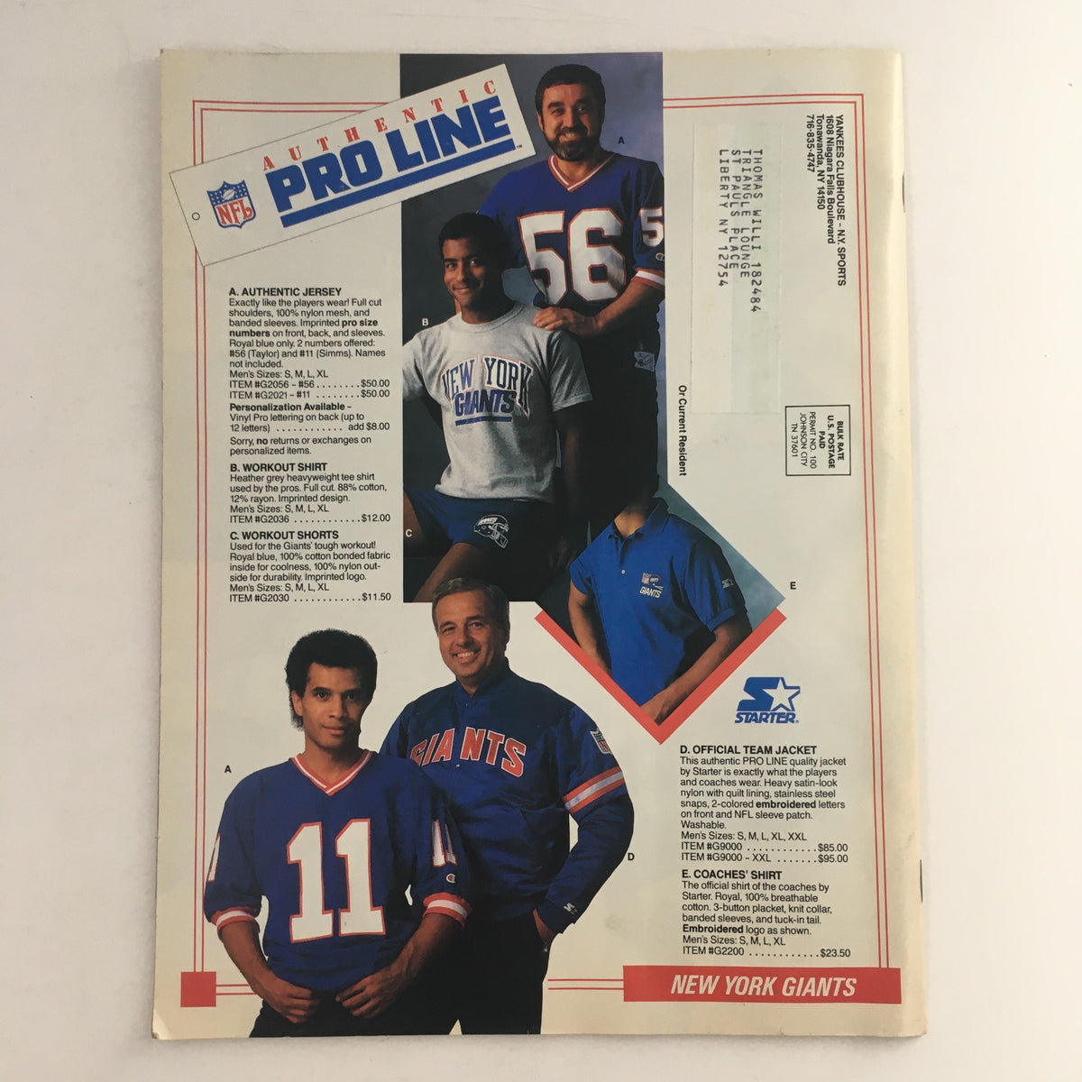 1988 The Yankees Clubhouse Presents The Official New York Sports Catalog interior page showcasing NFL Pro Line merchandise featuring New York Giants jerseys, shirts, and jackets modeled by three men.