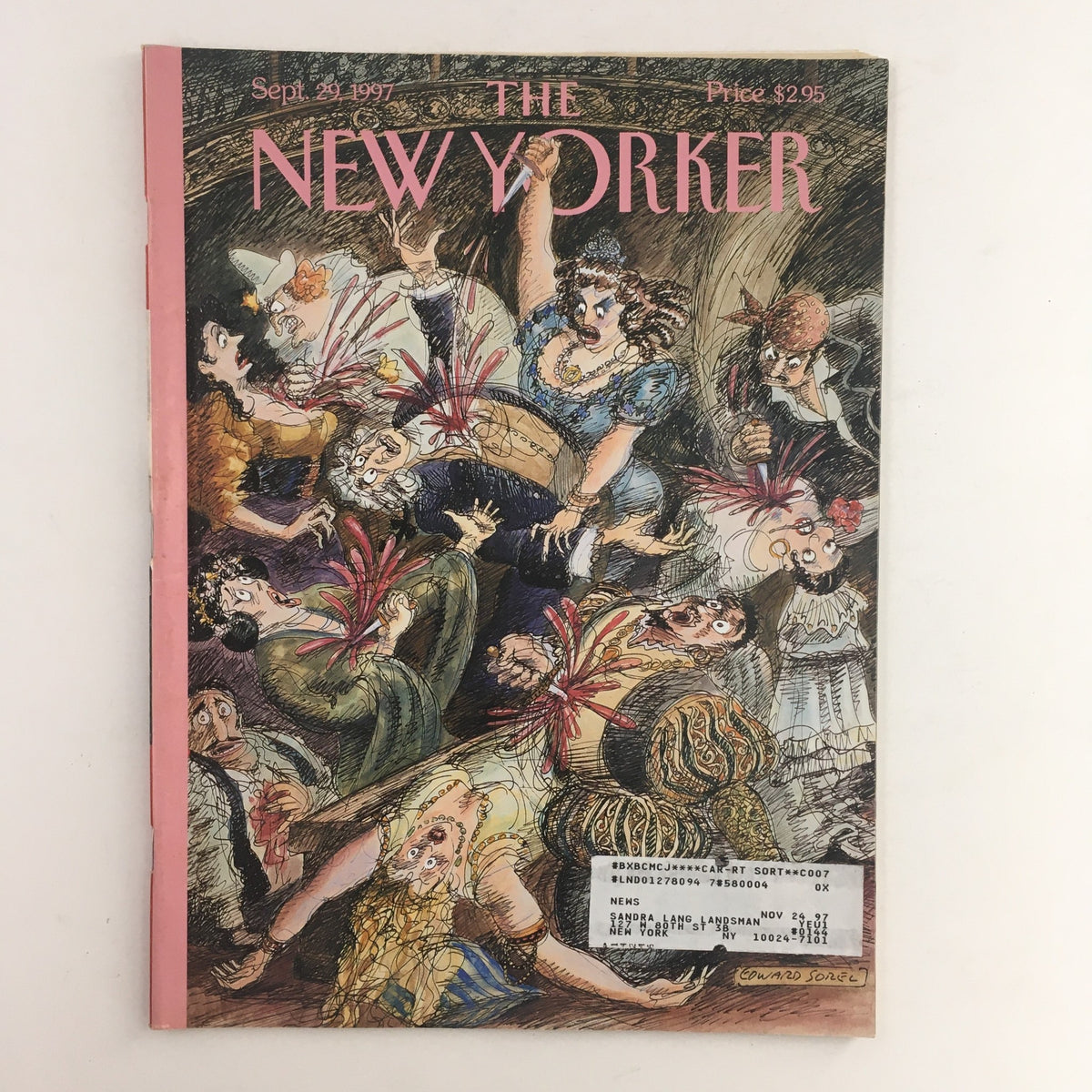 The New Yorker Full Magazine September 29 1997 Opening Night, featuring whimsical illustration by Edward Sorel, capturing a lively theatrical scene with exaggerated characters and vibrant colors