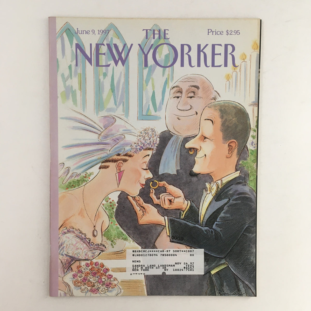 The New Yorker Full Magazine June 9 1997 featuring a cartoon wedding scene on the cover, depicting a bride, groom, and a clergyman, emphasizing themes of modern marriage. This vintage magazine is in very good condition, ideal for collectors and readers interested in literary history.