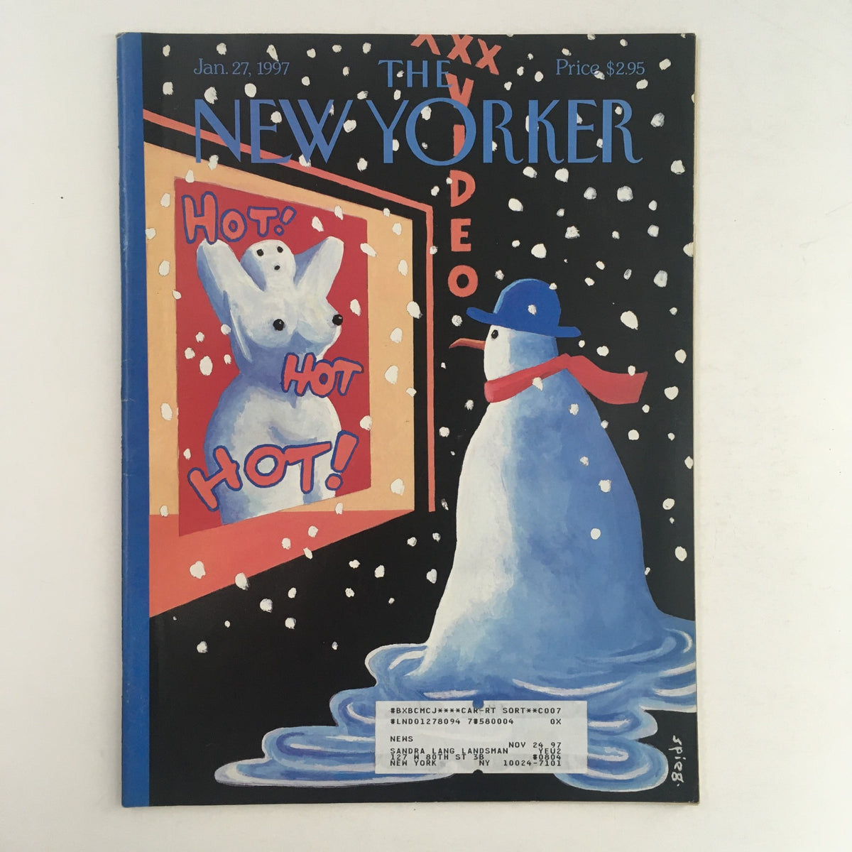The New Yorker Full Magazine January 27 1997 cover featuring Melting Snowman illustration by Art Spiegelman, showcasing winter-themed elements with a playful design.