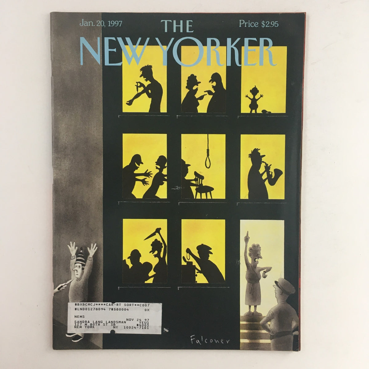 Cover of The New Yorker January 20 1997 Full Magazine by Ian Falconer, featuring artistic silhouettes on a vibrant yellow backdrop, showcasing a blend of cultural themes and vintage magazine appeal.