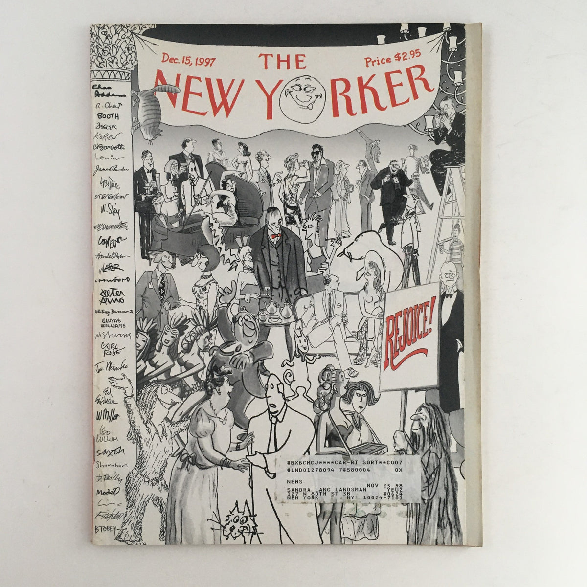 The New Yorker Full Magazine December 15 1997 featuring the 'Artist Festivity' cover illustration by Robert Mankoff, showcasing an array of characters in a festive celebration.