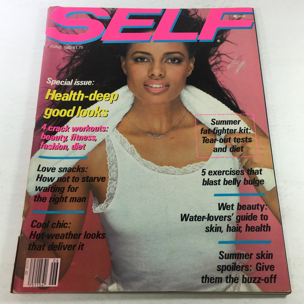 Cover of VTG Self Magazine June 1982 showcasing health and beauty features. The magazine features bold text highlighting topics like 'Health-deep good looks' and 'Summer fat-fighter kit'. A woman poses with a confident expression.