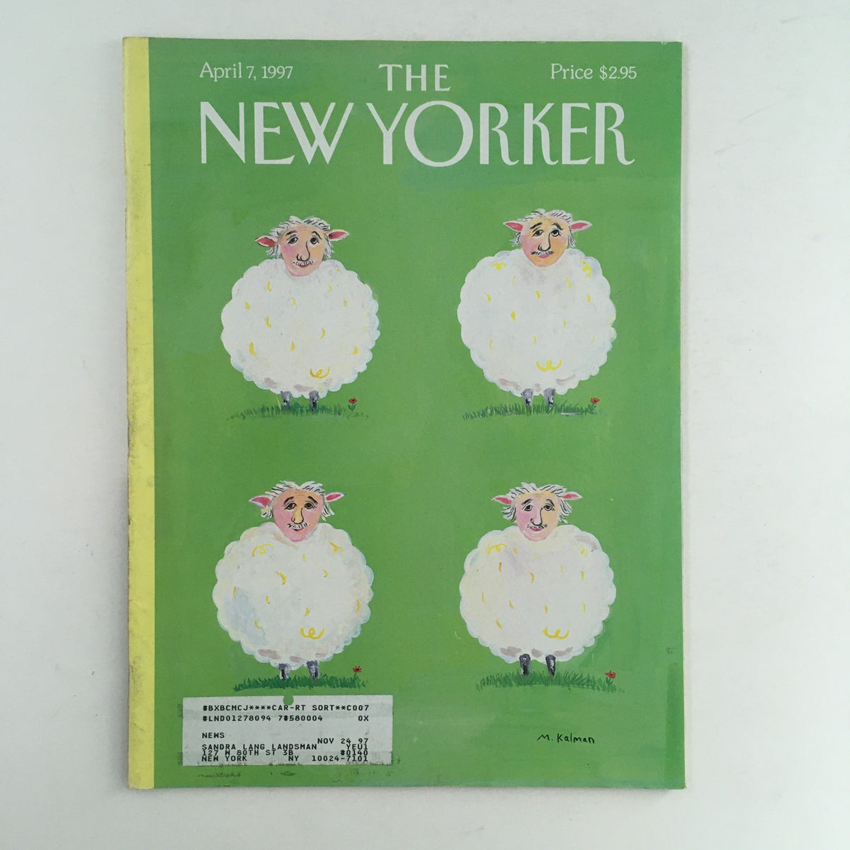 The New Yorker Full Magazine from April 7, 1997 featuring the whimsical cover art 'Four Little Sheeps' by Maira Kalman, showcasing four cartoon sheep on a green background.
